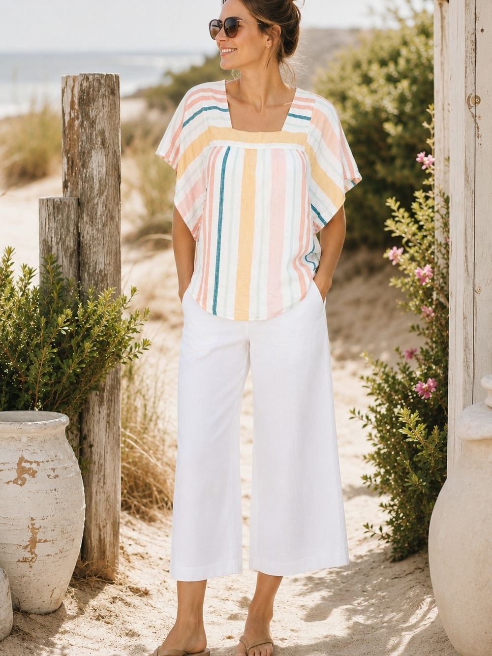 BeachLunchLounge Pastel Stripe Linen Cotton Flutter Sleeve Blouse XS